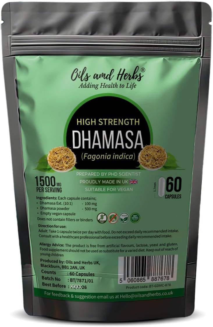 High Strength Dhamasa Capsules 1500mg | 100% Pure Fagonia Arabica | 10:1 Extract & Powder | No Fillers | Vegan | Made in UK
