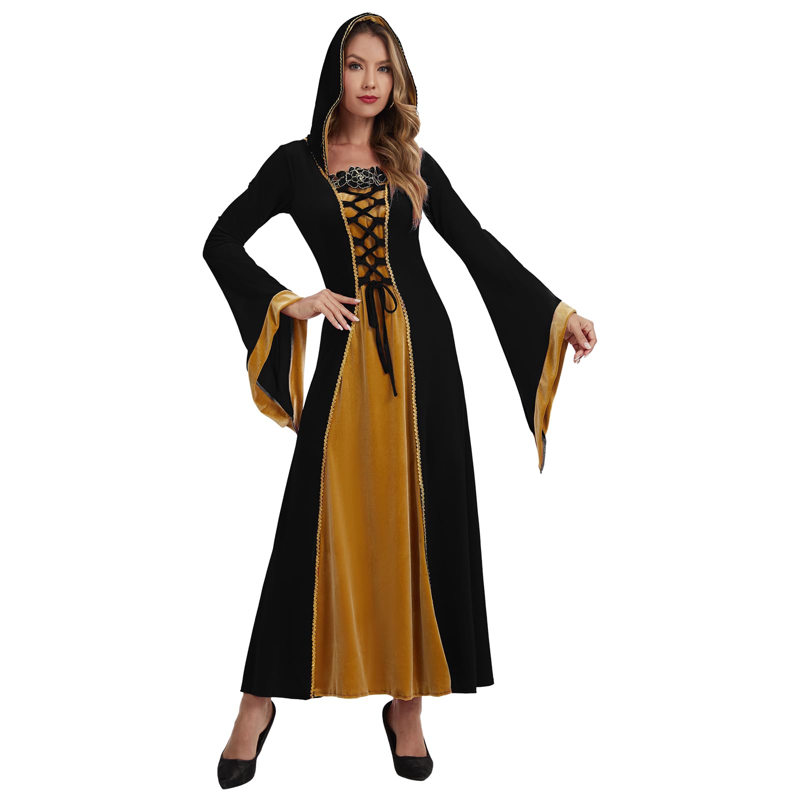 LLTTEER Women's Medieval Renaissance Costume with Hooded,Hooded Victorian Velvet Dress Cosplay Party Halloween Costumes for Womens (Black, L)
