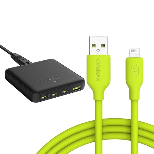Cargador USB C de 67 W con cable Lightning de iPhone certificado MFi de Apple, 6 pies, verde lima, cargador de pared rápido GaN de 4 puertos,