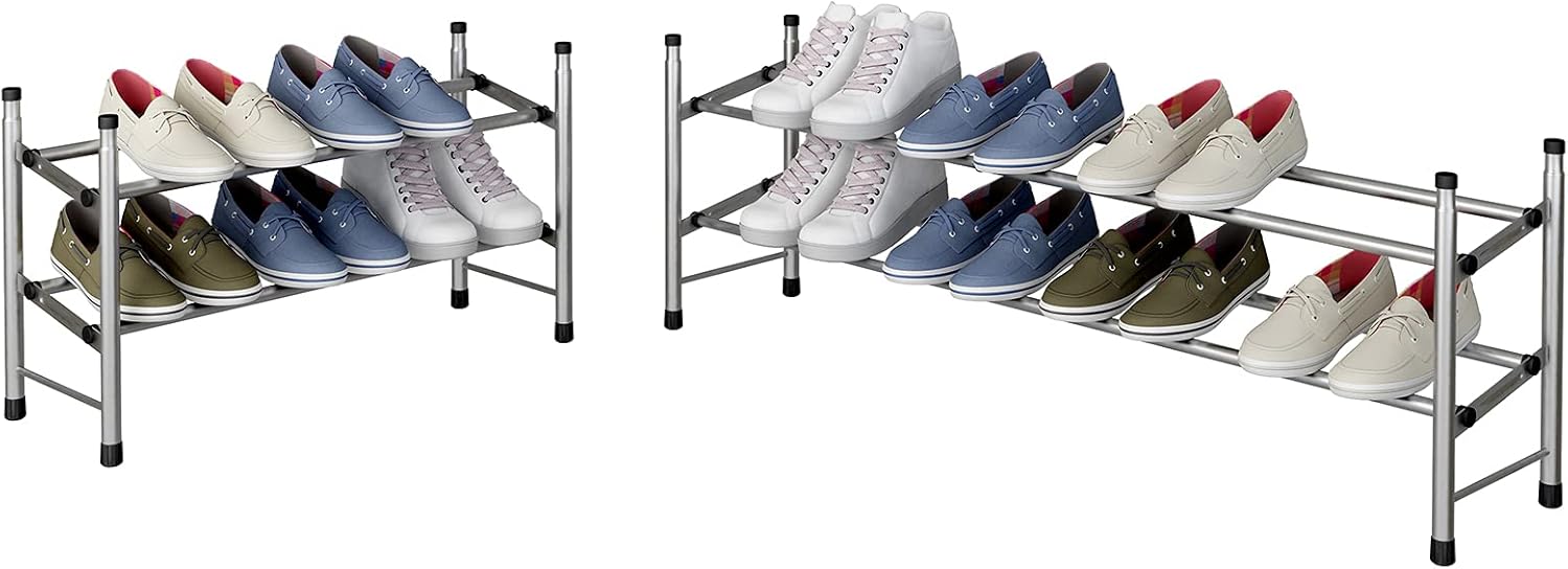 TZAMLI 2-Tier Free Standing Shoe Rack Metal Iron of Expandable and Adjustable Shoes Organizer, Stackable Shoe Shelf for Entryway Doorway, 24.41" x 8.66" x 13.78" (Silver Gray, 2-Tier) : Home & Kitchen