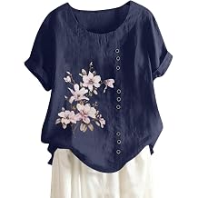 Linen Shirt Women,Short Sleeve 2024 Summer Blouses Round Neck Boho Blouse Button Down T Shirt Floral Print Top