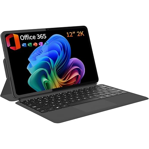 2-in-1 Laptop Tablet 2026 with Magnetic Keyboard & 1-Year Office 365, 12" 2K FHD IPS Touchscreen, 12GB RAM 512GB SSD, 6500Y Processor, USB-C, Dual Speakers, Windows 11 Laptop for Home Office Students