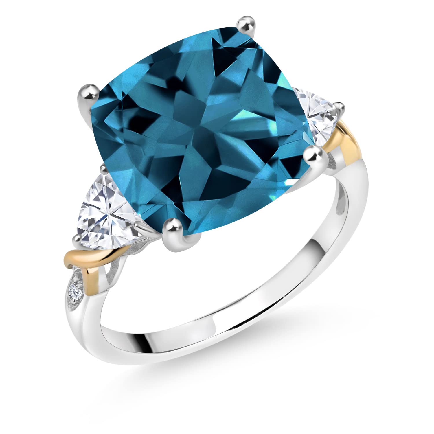 Gem Stone King 9.75 Cttw London Blue Topaz White Moissanite and Diamond Ring For Women | 925 Silver and 10K Yellow Gold | 12MM Cushion and 5MM Trillion | Available In Size 5, 6,... - Image 3