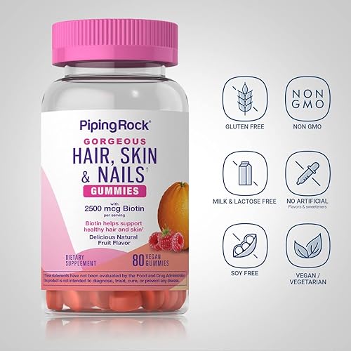 Miniatura 3 de Piping Rock Vitaminas para la piel y las uñas  80 gomitas  Sabor a fruta con biotina  Sin OMG, sin gluten