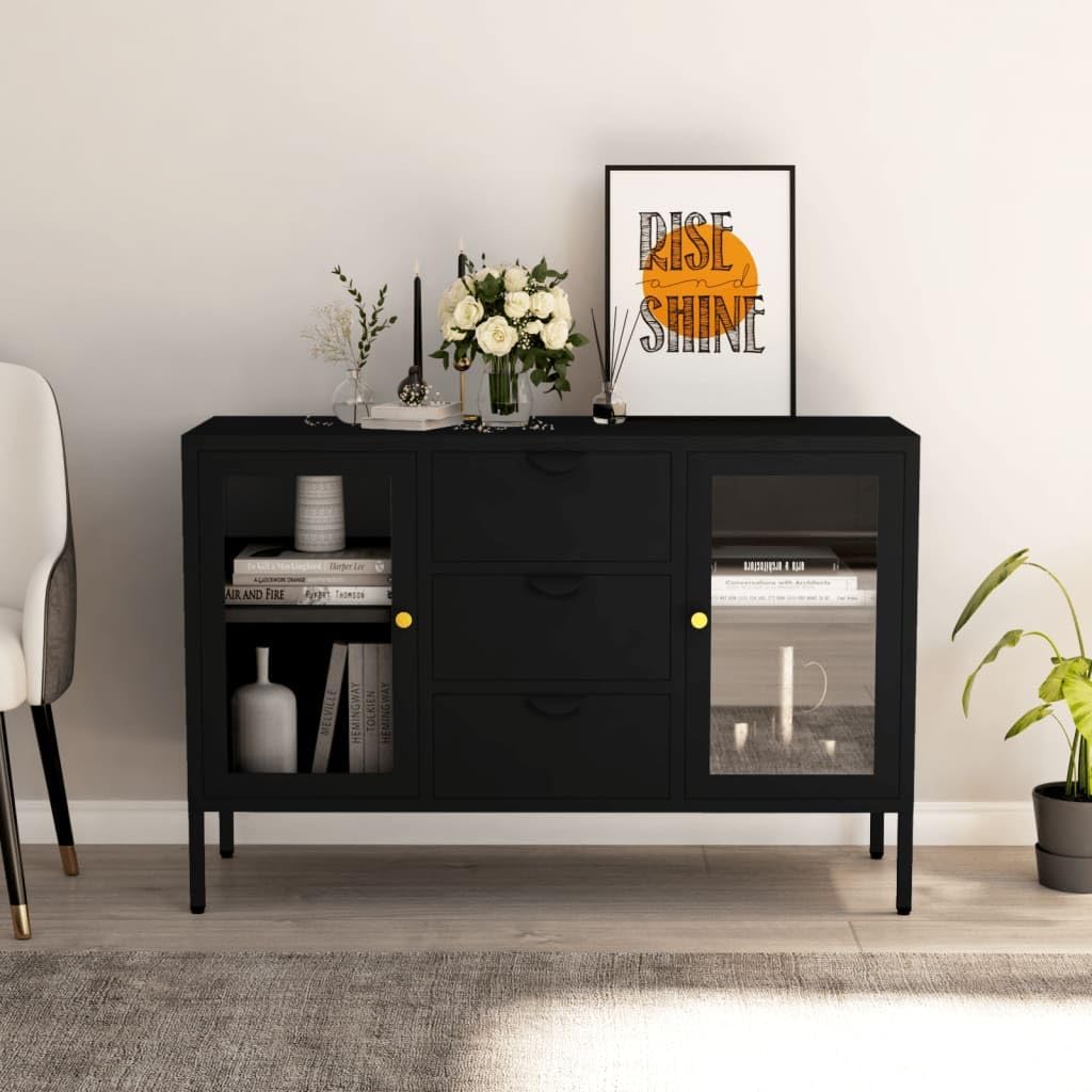 Black Steel Sideboard with Tempered Glass Doors and Adjustable Shelves, Wall-Mounted Storage Cabinet for Living Room, Durable Metal Frame, Matte Finish, 2 Shelves