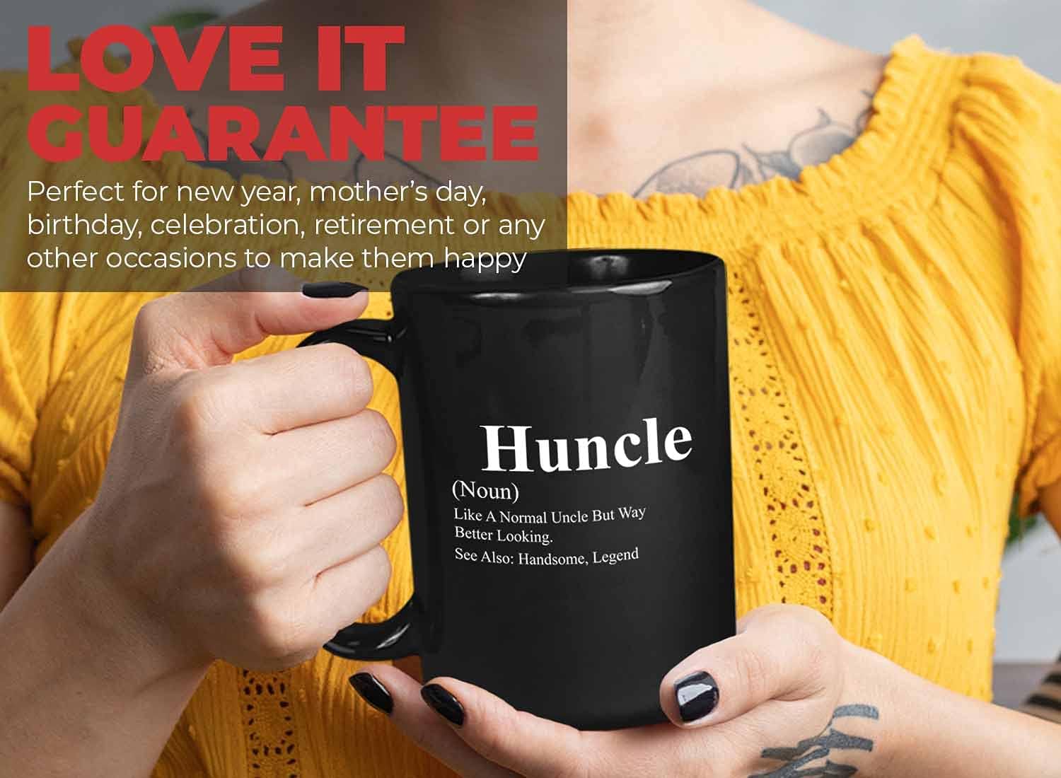Bubble Hugs Uncle Coffee Mug 15oz Black - Huncle - Household Parent Relative Clan He Brother Fellow Cousin Sibling Father Guy Husband Son Sir Gentleman