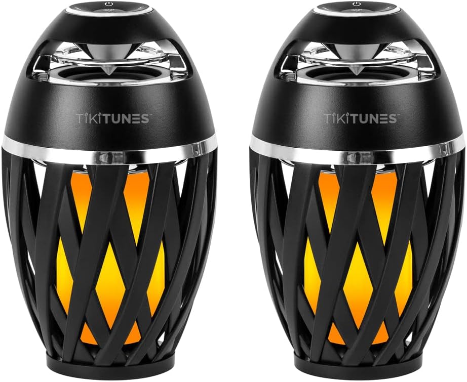 - TikiTunes Portable Bluetooth 5.0 Indoor/Outdoor Wireless Speakers, LED Torch Atmospheric Lighting Effect, 5-Watt Audio USB Speakers, 2000 mAh Battery for iPhone/iPad/Android (Set of 2)