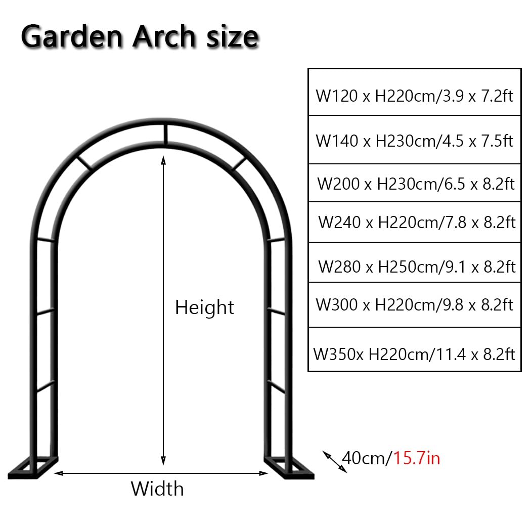 Arco de jardín de metal verde oscuro resistente de 300 x 250 cm, pérgola chapada en zinc, enrejado de rosas resistente para plantas trepadoras, soporte decorativo para puerta arqueada