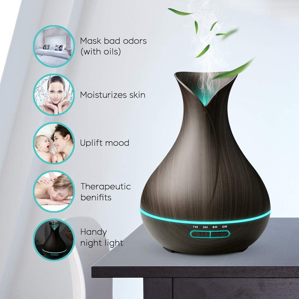 Essential Oil Diffuser with Remote Control Aromatherapy Diffuser 400mL Cool Mist Aroma Diffuser with Waterless Auto Shut-Off Lights for Bedroom Living Room Spa Baby (Dark Wood)