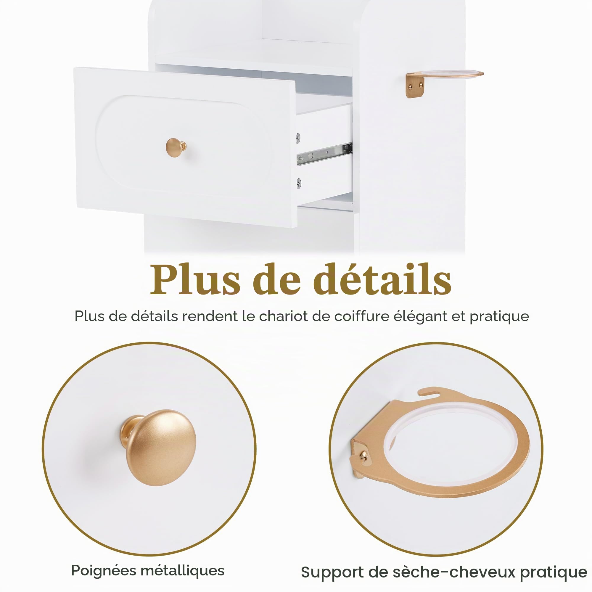 M MCombo Chariot de coiffure avec roulettes et tiroirs, chariot de service blanc, chariot de salon avec 3 étagères et support pour sèche-cheveux, 31,4x37x85,5 cm, 0051