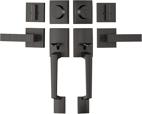TICONN Juego de manijas de puerta delantera doble, palanca de puerta cuadrada resistente y cerrojo de un solo cilindro para puertas exteriores de