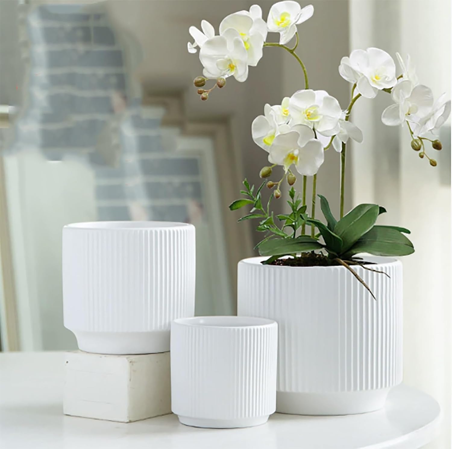 Ceramic 4.9+6.3 inch Planters, Modern Home and Office Flowerpot, Indoor and Outdoor Flowerpot with Drainage Hole (White)