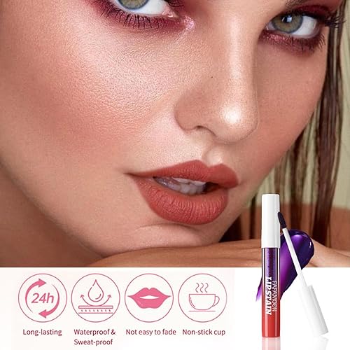 Vista 41 de evpct Tinte labial rojo malva profundo con pinzas, lápiz labial líquido mate, larga duración, impermeable, para mujeres, taza antiadherente, lápiz