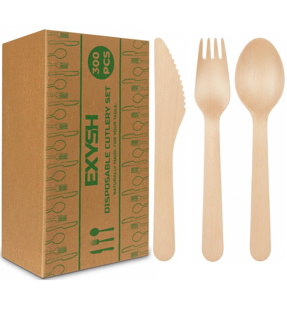 EXYSH 300 Pieces Wooden Disposable Cutlery Set Biodegradable & Eco-Friendly Premium Quality 100 Knives 100 Spoons 100 Forks Birch Wood for Parties Picnic Travel Office Indoor & Outdoor Use