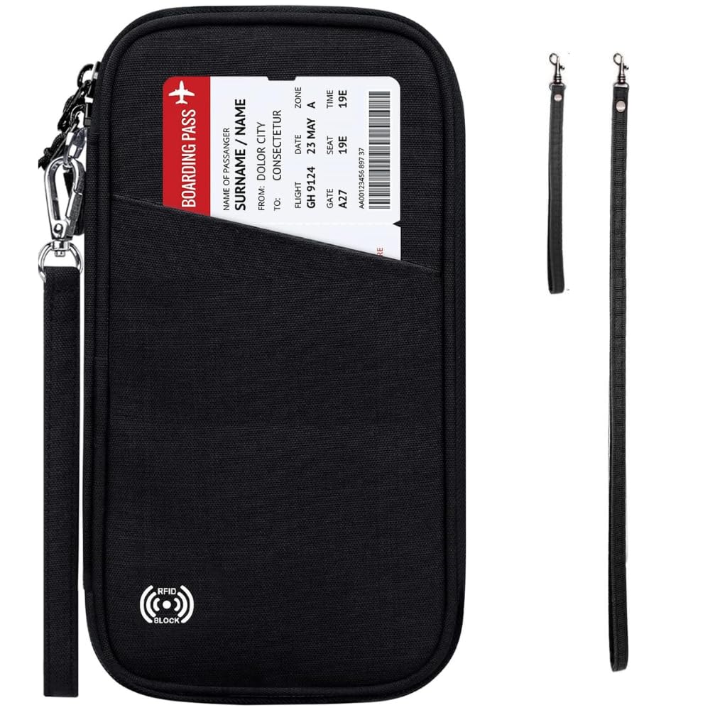 FUOCO Travel Passport Wallet, Flight ID Holder with Zipper Closure for Men and Women Travel Essentials Accessories Organizer Purse Wallet (Black)