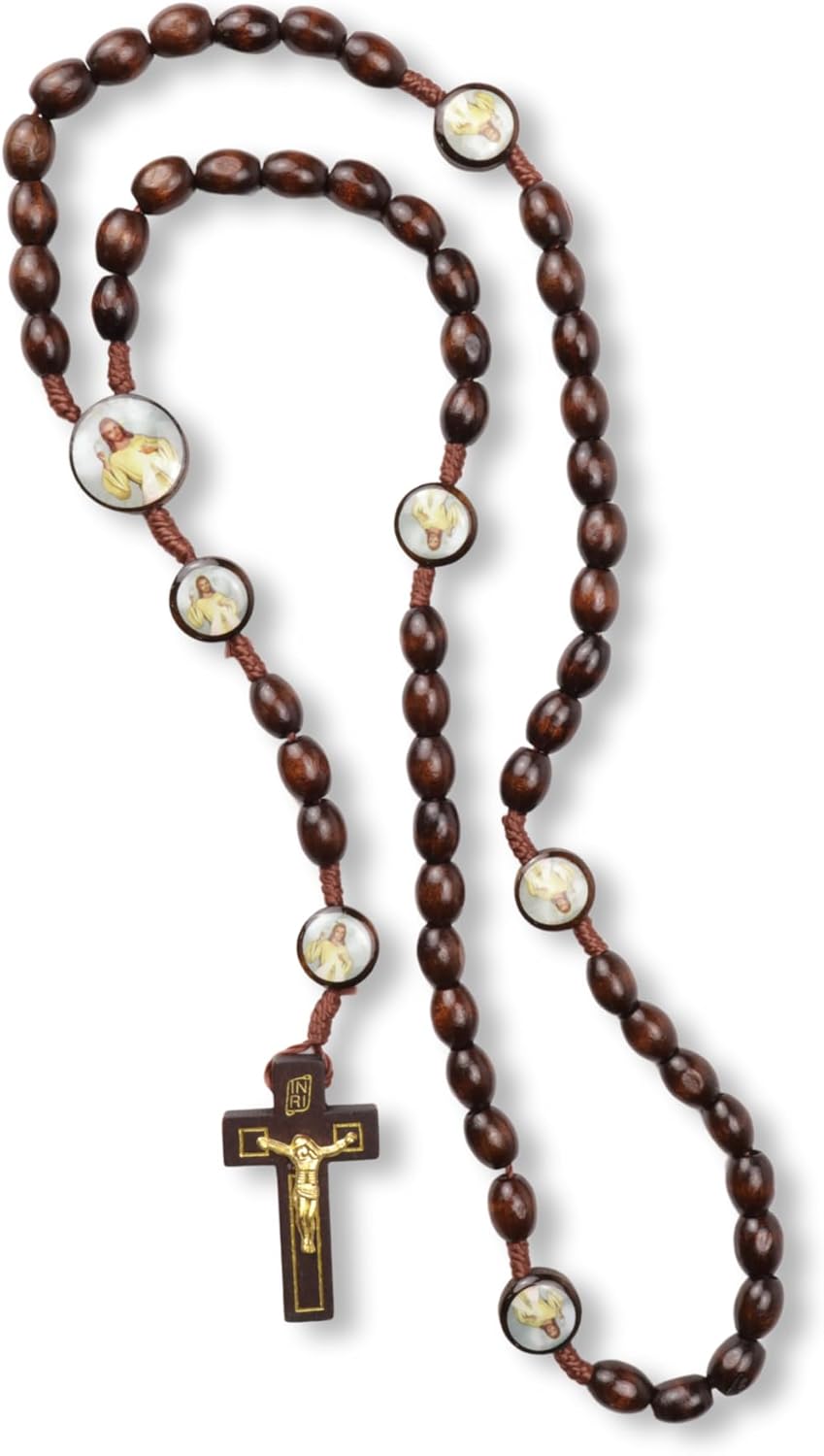 Needzo Divine Mercy Catholic Rosary with Dark Wooden Beads for Men and Women, 20 Inches - Image 2