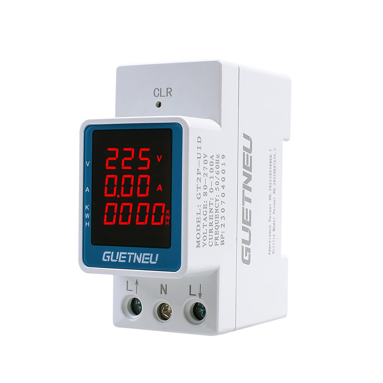 Digital Display Energy Meter Energy Tester Electricity Usage Monitor AC Rail-Mounted Meter GT2P-UID, AC 80~270V, 0~100A, 50/60Hz. Used to Measure AC Voltage, Current and Energy Consumption