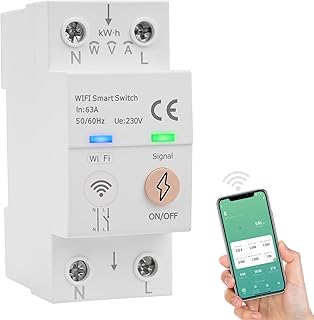 BuyWeek Intelligenter WLAN-Schutzschalter Sprachsteuerung Tuya App Fernbedienung Einzelrelais Smart-Relais 63A, 80–300V AC Energiemessung Zeitschaltuhr Steuerung Überspannung Überstrom Überlastschutz