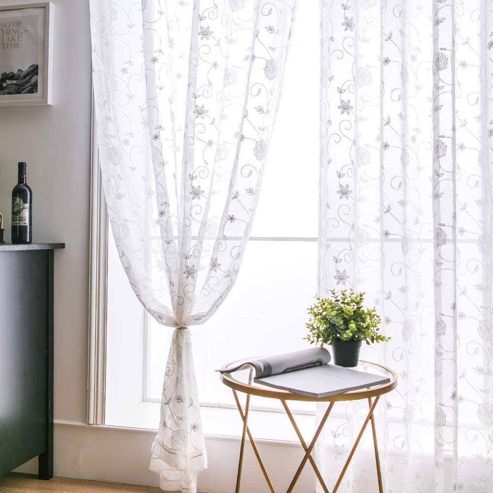 MIULEE 2 Unidades Cortina Visillo Flor Bordado Trans Ojales 140x260 Blanco