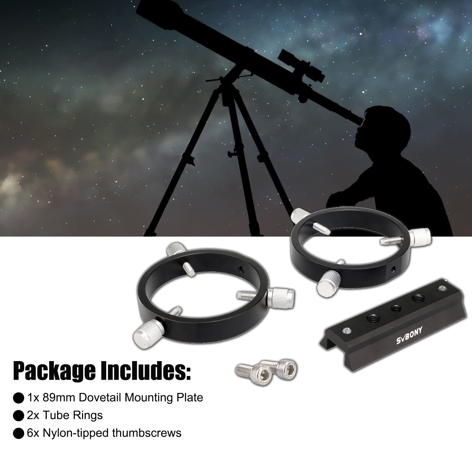 Svbony SV116 Colliers pour Lunettes de Guidage avec Plaque en Queue d’Aronde Support de Guide Scope Réglable en Métal pour Tube de Télescope Diamètre 43 à 70 mm