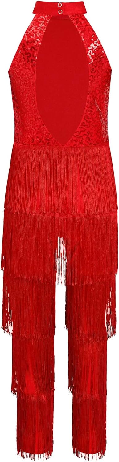 Kids Girls Sequin Layered Tassel Pants Jumpsuit Sleeveless Ballroom Rumba Samba Latin Dance Fringe Outfit Red 10 Years