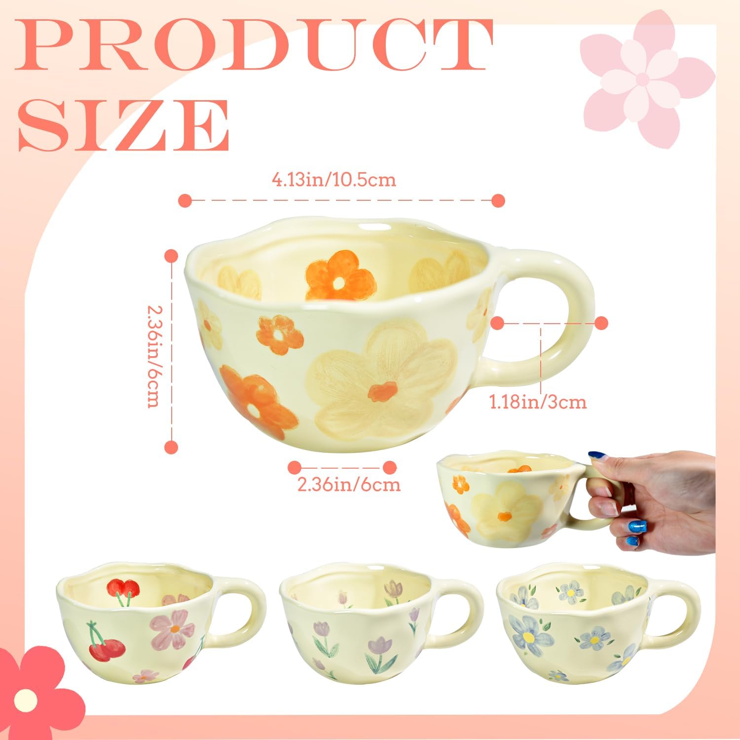 4 Pack Coffee Mug, Ceramic Coffee Mugs, 8oz Cute Espresso Cups, Flower Porcelain Mug Set for Women Girl Tea Cappuccino Latte Gift