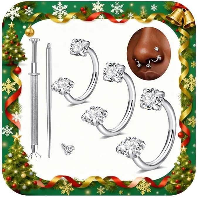 MODRSA 18 Nose Rings Studs Surgical Stainless Steel Hypoallergenic L Shaped Nose Piercing Jewelry for Women Men Silver Black Nostril Hoop Rings 18 Gauge