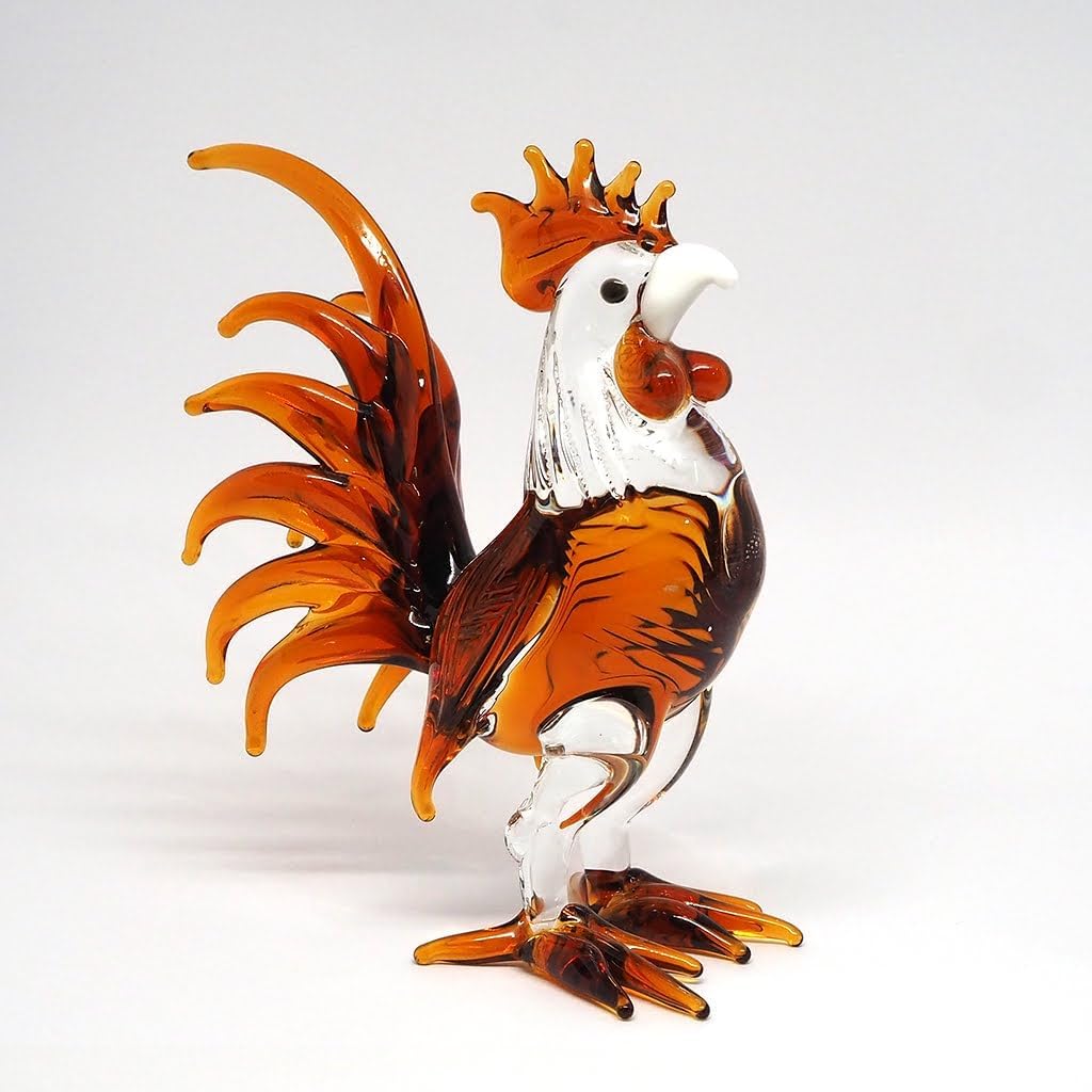 Hand-Blown Glass Brown Rooster Chicken Figurine, Farmhouse Decor