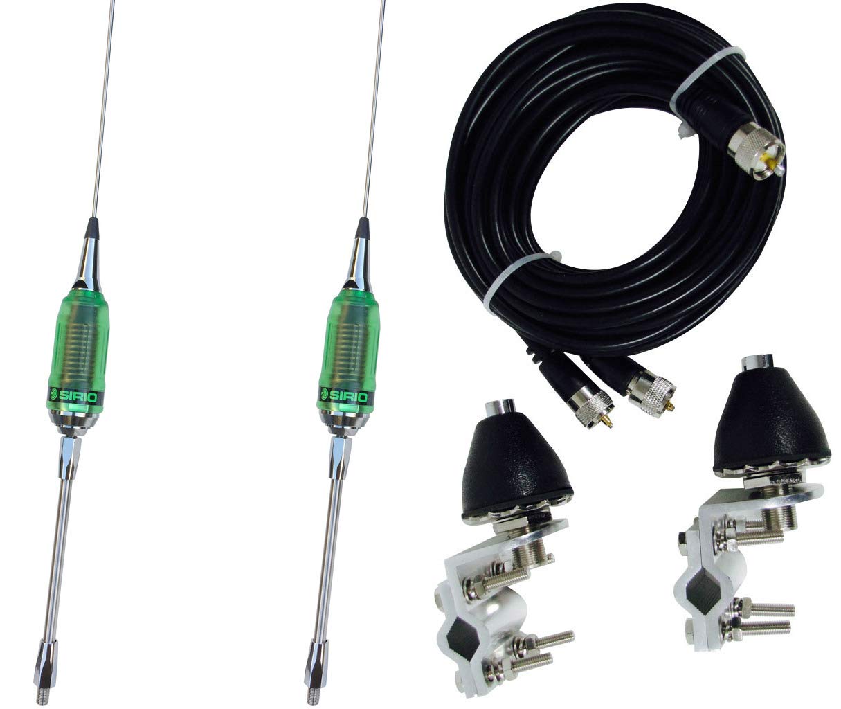 2 Sirio Performer 5000 3/8 LED Trucker Antenna, 18FT Dual Coax, Brackets & Studs
