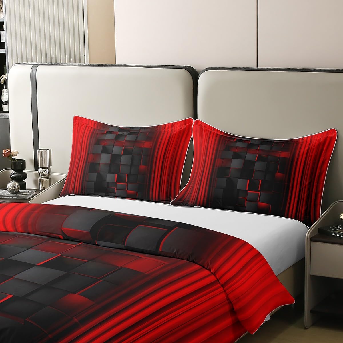 Feelyou Kids Red and Black Duvet Cover 100% Cotton Ombre Bedding Set King Size for Boys Girls Teens Bedroom Decor Ombre Effects Comforter Cover Set Geometric Square Bedspread Cover with 2 Pillow Case