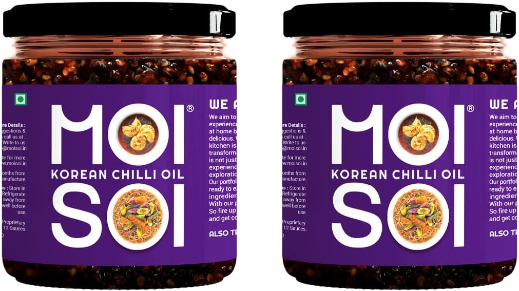 MOI SOIยฎ Korean Chilli Oil (Pack of 2) | 175g x 2 | Authentic Chilli Oil with Sichuan Chilli, Fermented Black Beans & Asian Aromatics | Vegan, No MSG | Perfect for Dipping, Stir Fry & Marinate | New Launch | Spicy, Crunchy, Garlicky Flavor | Made with Sichuan Peppercorns, Crunchy Garlic & Red Chillies | Gluten-Free | Eat With Momos, Pizza, Noodles