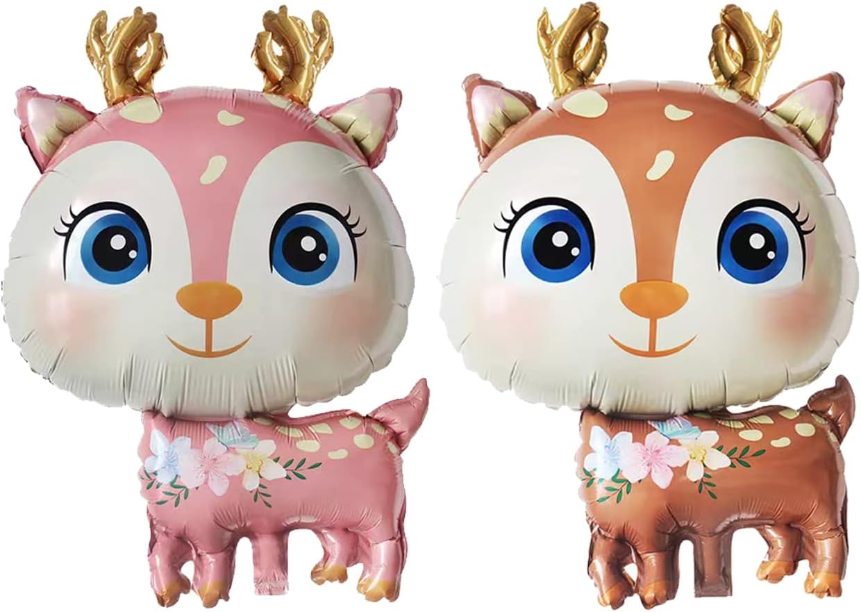 CHIL 2Pcs Pink Deer Balloons Foil Woodland Deer Shaped Animal Balloons Cartoon Animal Deer Wildlife Balloons for Jungle Safari Themed Kids Birthday Party Decorations