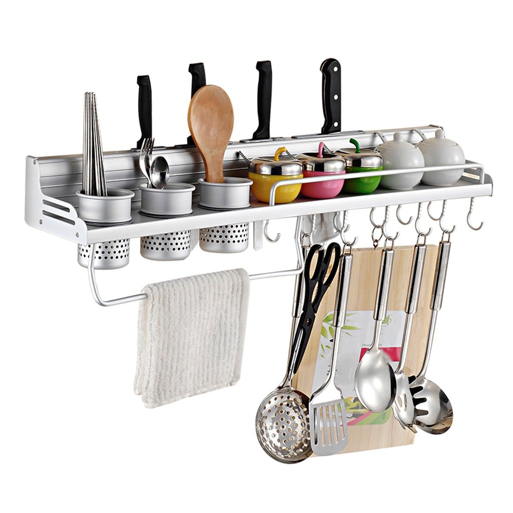 Space Aluminum Kitchen Racks Wall Hanging Knife Holder Kitchenware Supplies Organizer Shelf Seasoning Storage Rack with 10 Hooks (Size : 70CM)