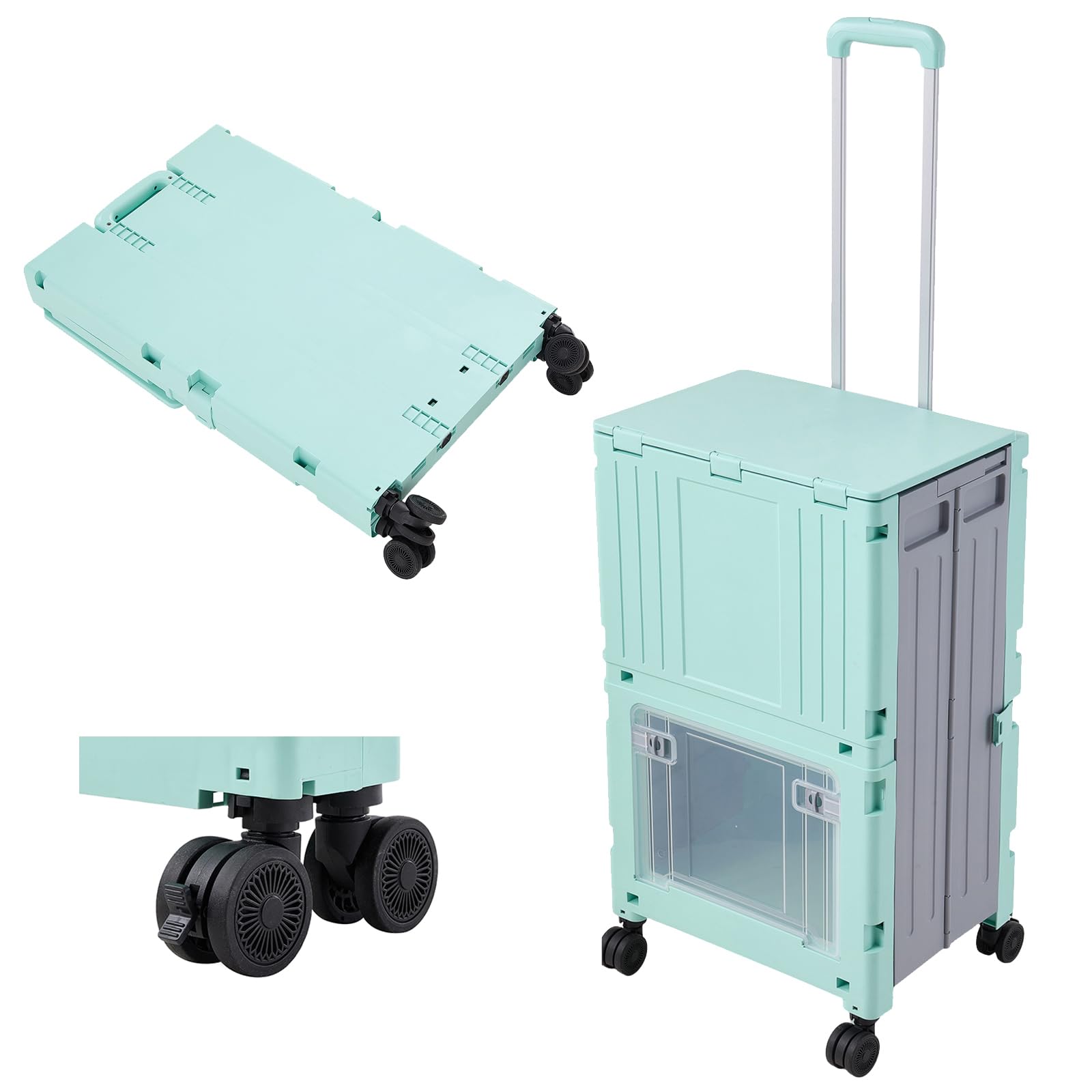 Warmiehomy 72L Foldable Shopping Trolley on Wheels with Lid, Green Grey