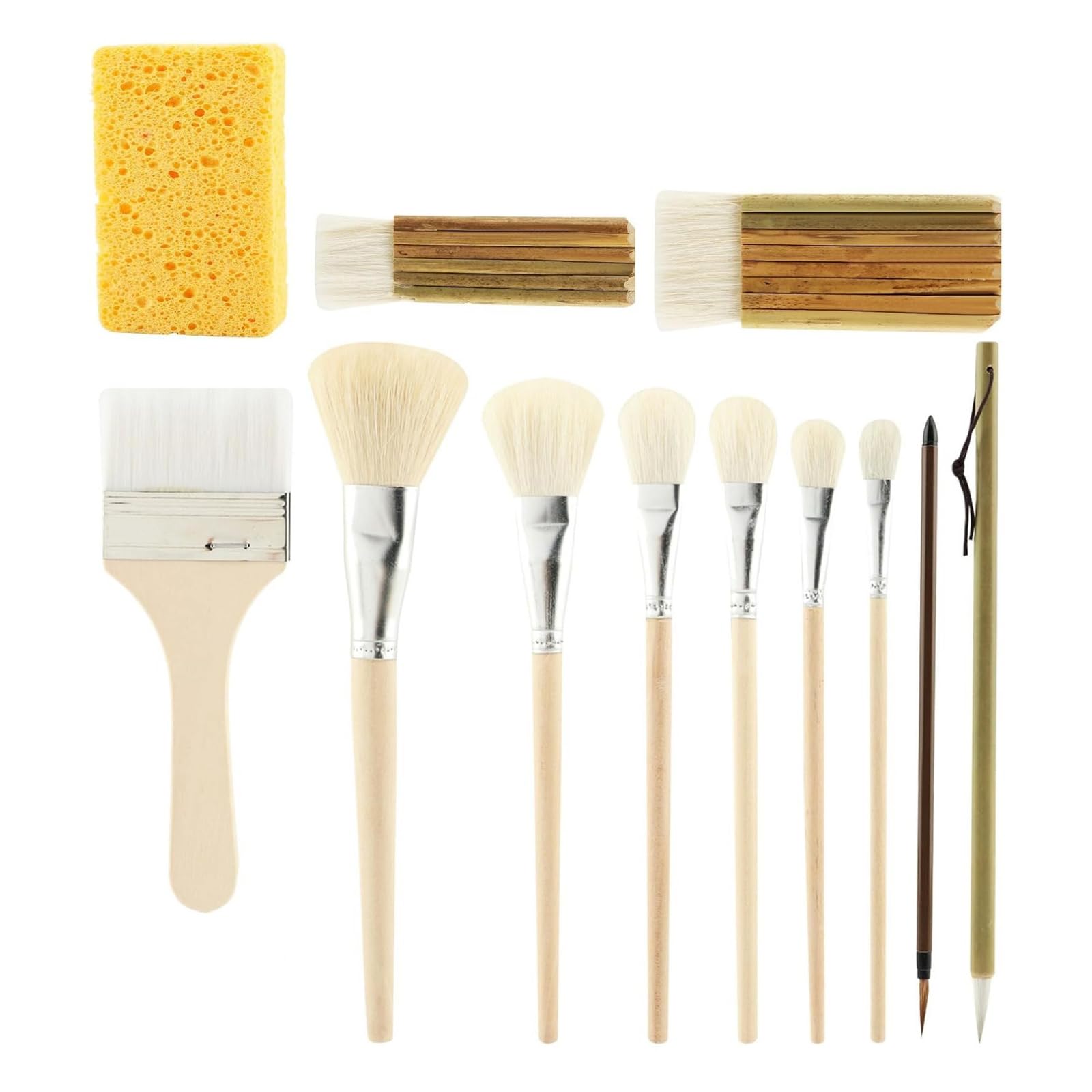 Pennelli in ceramica in capra per smaltatura ceramica, set pennelli da 12 con forme assortite, manici in legno, pennelli in ceramica in spugna visibile Assortimento