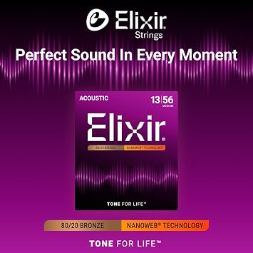 Elixir Strings, Acoustic Guitar Strings, 80/20 Bronze with NANOWEB Technology, Longest-Lasting Bright and Focused Tone For Life with Comfortable Feel, 6 String Set, Medium 13-56