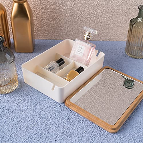 Longwin Desk Wood Makeup Mirror With Storage Vanity Table Mirror Jewelry Organizer Box For Bedroom, Dressing Table, Compact Mirror (Rectangular) #TOP2