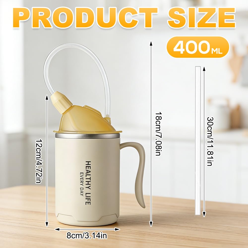 Kubek z ustnikiem dla seniorów, 3 w 1 400 ml Kubek ze słomką 30 cm i pokrywką z uchwytem, niekapiące kubki dla dorosłych, seniorów, pacjentów, rekonwalescencji, biały