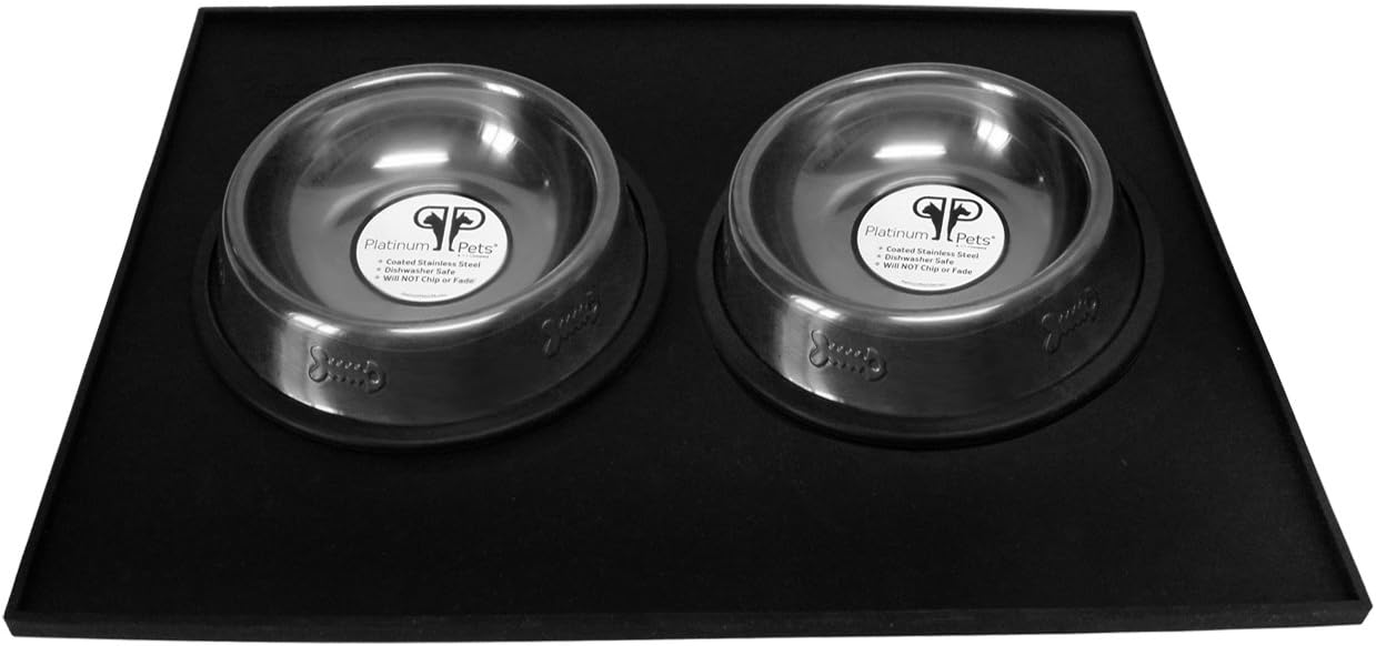 Platinum Pets Heavy-Duty Silicone Feeding Cat Mat with 2 6-Ounce Embossed Cat Bowls, Black Chrome