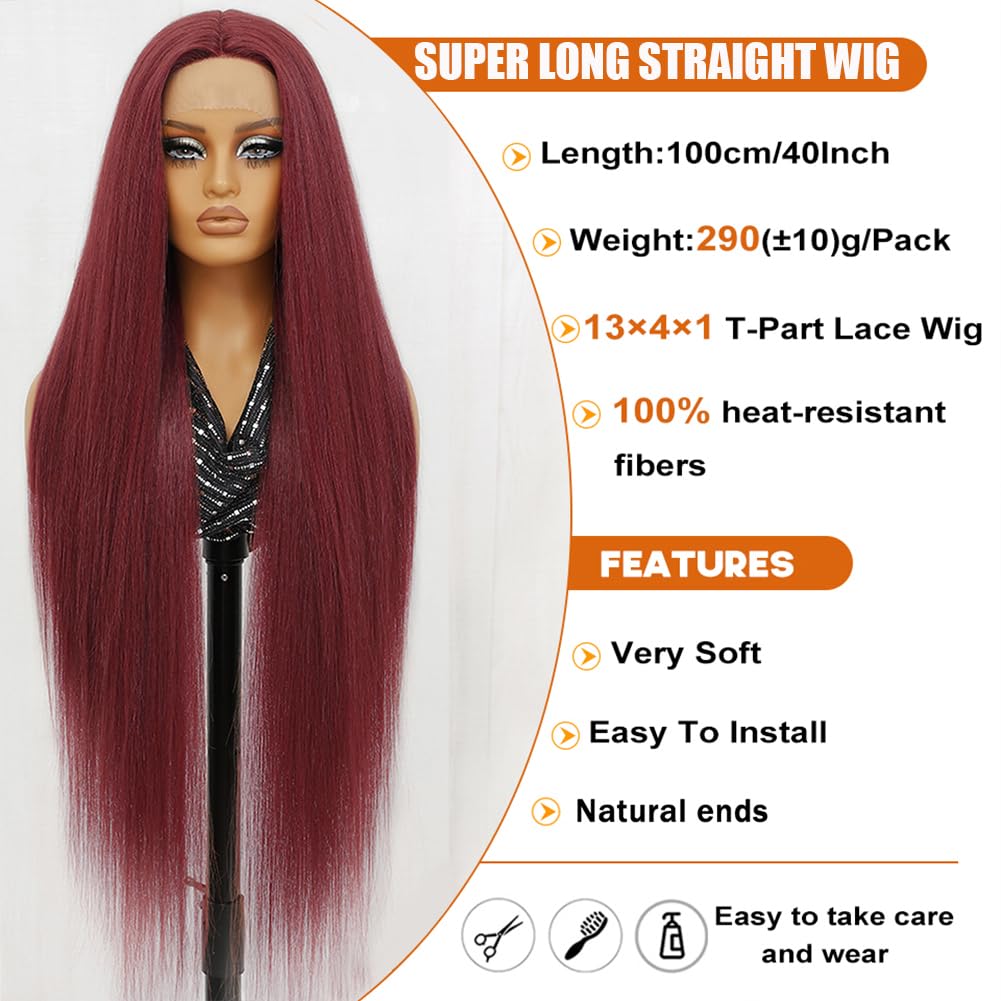 Felek 40 Inch Burgundy 99J Lace Wigs Super Long Straight13x4x1 T Part Lace Front Wigs Glueless Pre-Plucked Hairline Synthetic Wig For Women/Girls (Burgundy 99J, 40inch)