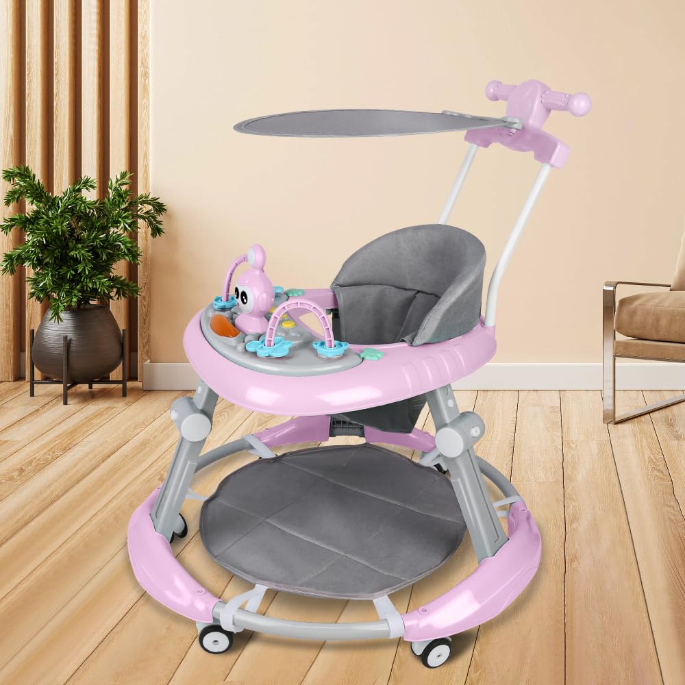Girarrosto pieghevole per bambini, altezza regolabile, girello per neonati con musica, giocattolo per bambini, carico massimo 20 kg (rosa-67 x 67 x 79 cm)