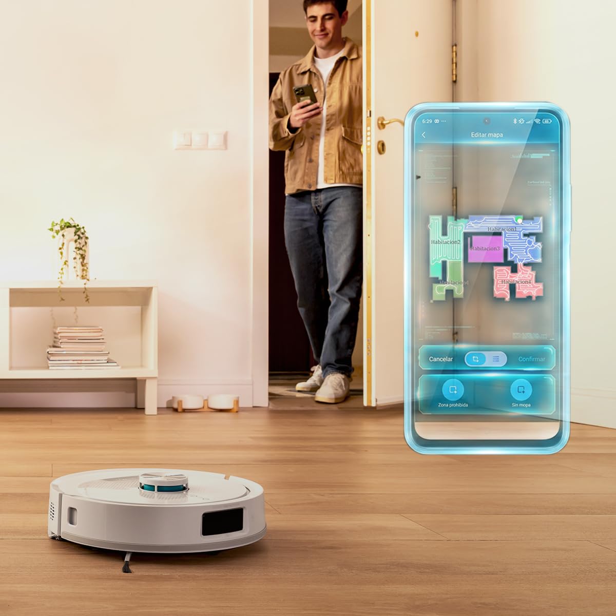 Cecotec Robot Aspirateur - Base Auto Vidange 3L - IA - 2500Pa - Conga Y90 Pearl. Autonomie 240min en Mode Éco, Brosse Silicone, Idéal Maisons avec Animaux, Bluetooth et WiFi, 2 Serpillières
