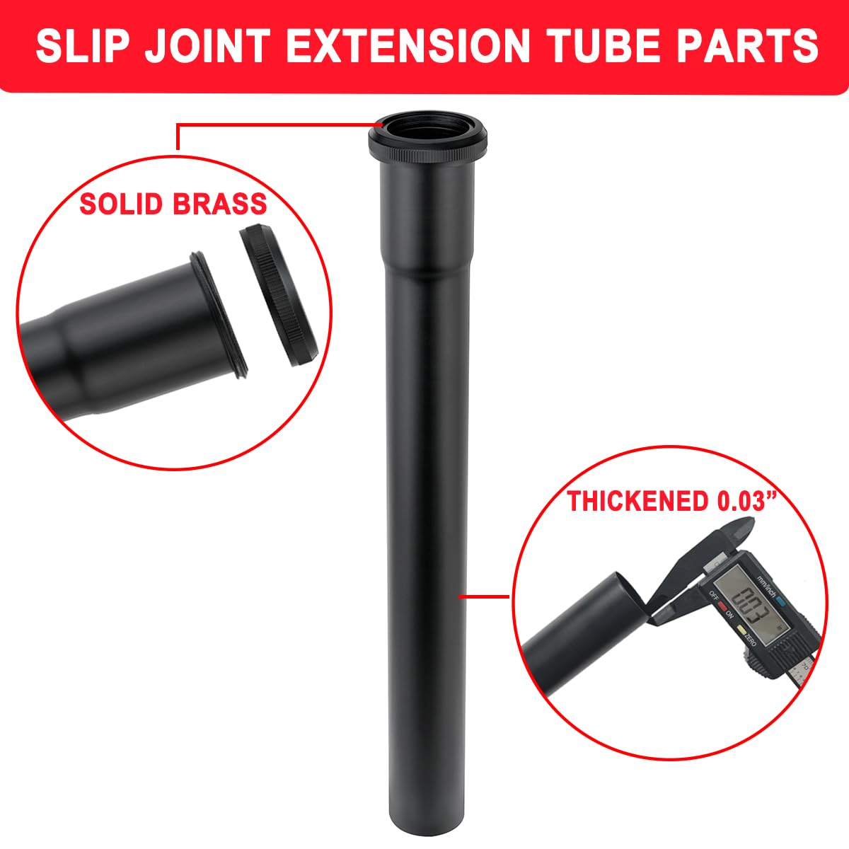 Tubo de extensión de junta deslizante de latón de 1-1/4 pulgadas de diámetro exterior x 12 pulgadas, tubo de extensión resistente para desagüe de fregadero de baño, negro mate
