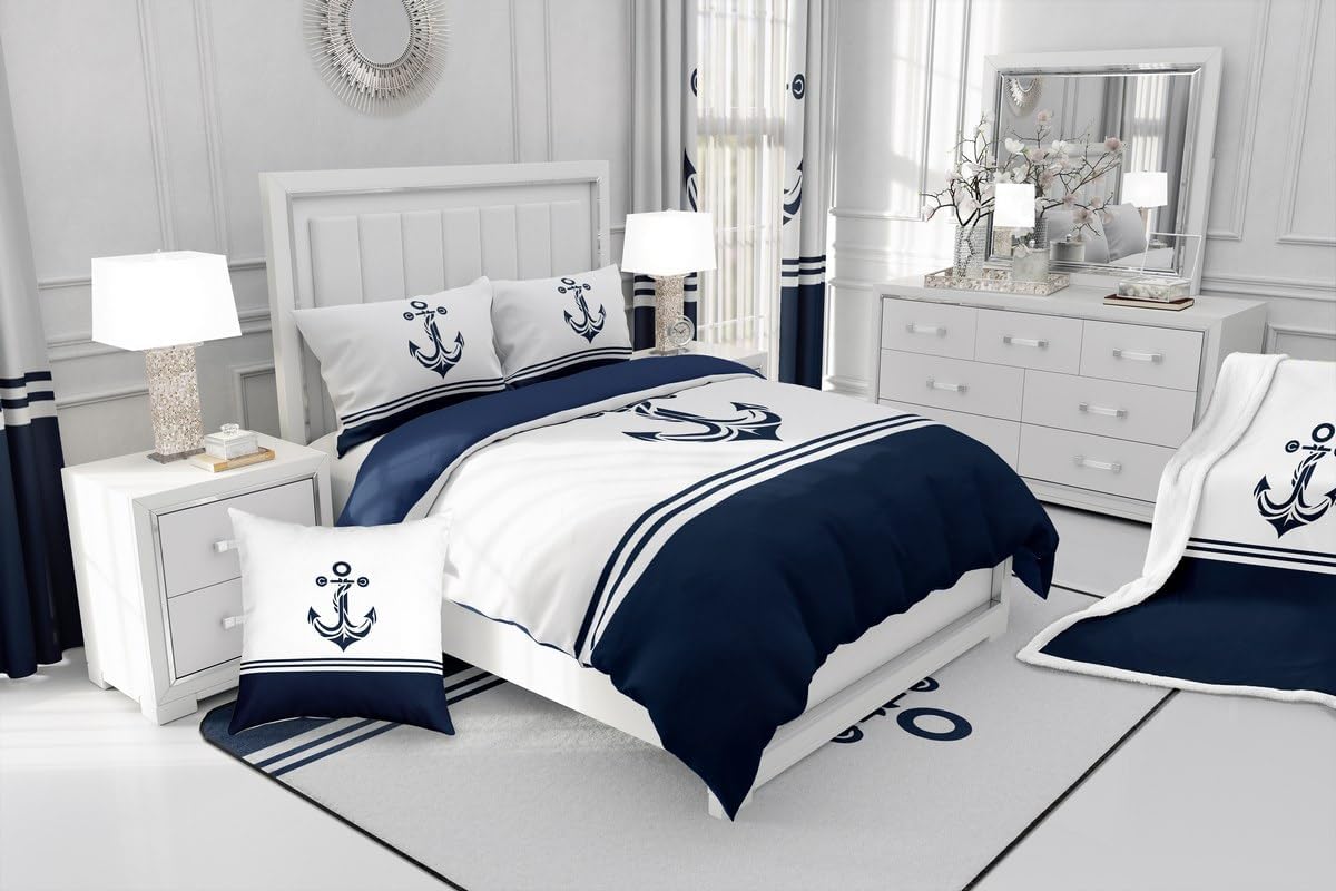 Manfei Anchor Comforter Set Toddler Size 2 Pcs,Nautical Themed Bedding Set,Navy Blue Modern Quilt Set for Child Bedroom,Duvet Insert,1 Pillowcase