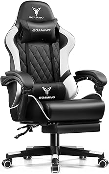 Gaming Chair Ergonomic Computer Chair with Footrest and Lumbar Support, Height Adjustable High Back Leather Office Chair, 360° Swivel with Linked Armrest, for Adult and Teen (White)