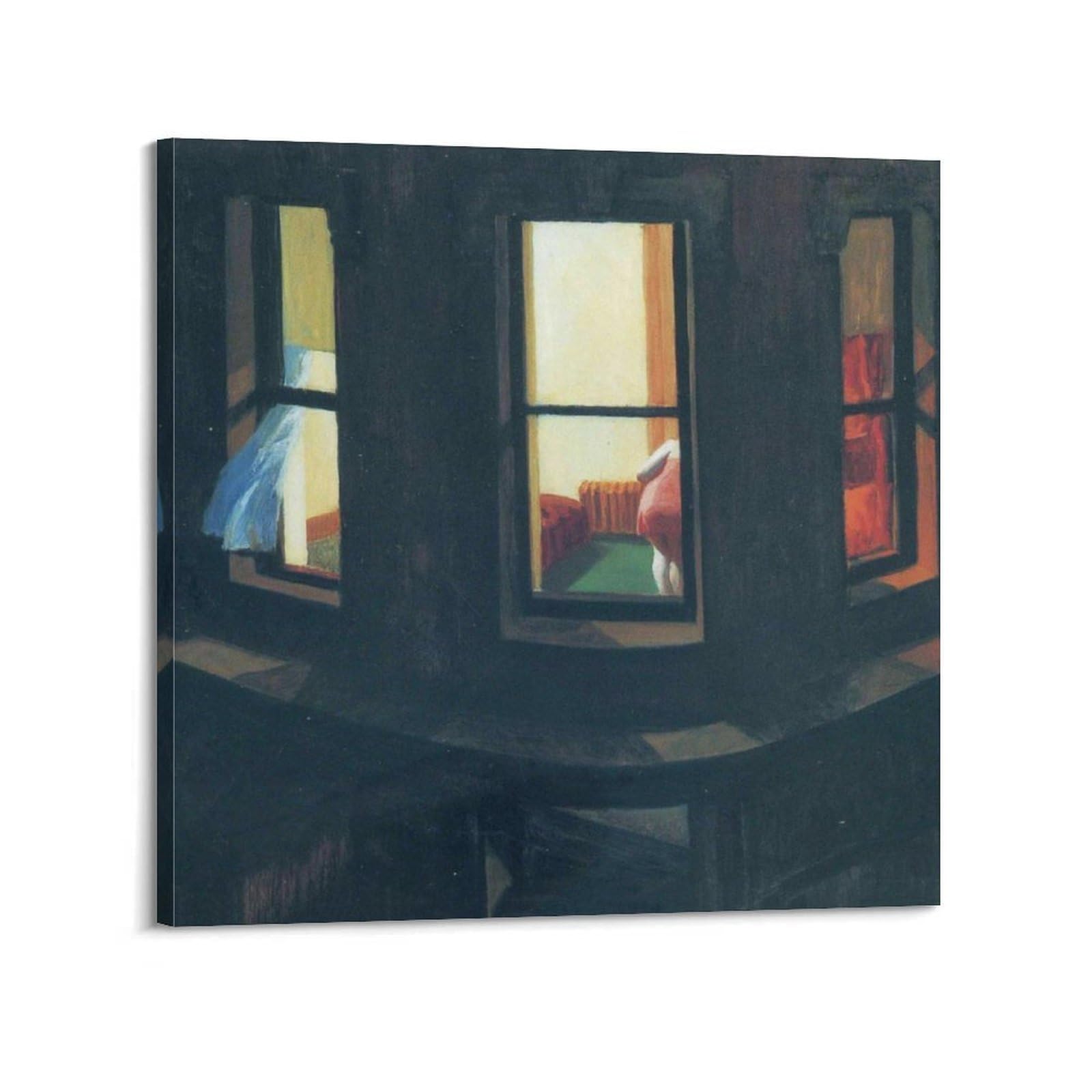 Kangzeng Frame-Style Edward Hopper Painter Works (Night Windows) Art Posters Picture Print Wall Art Canvas Artworks Room Aesthetic 16X16inch(40X40cm)