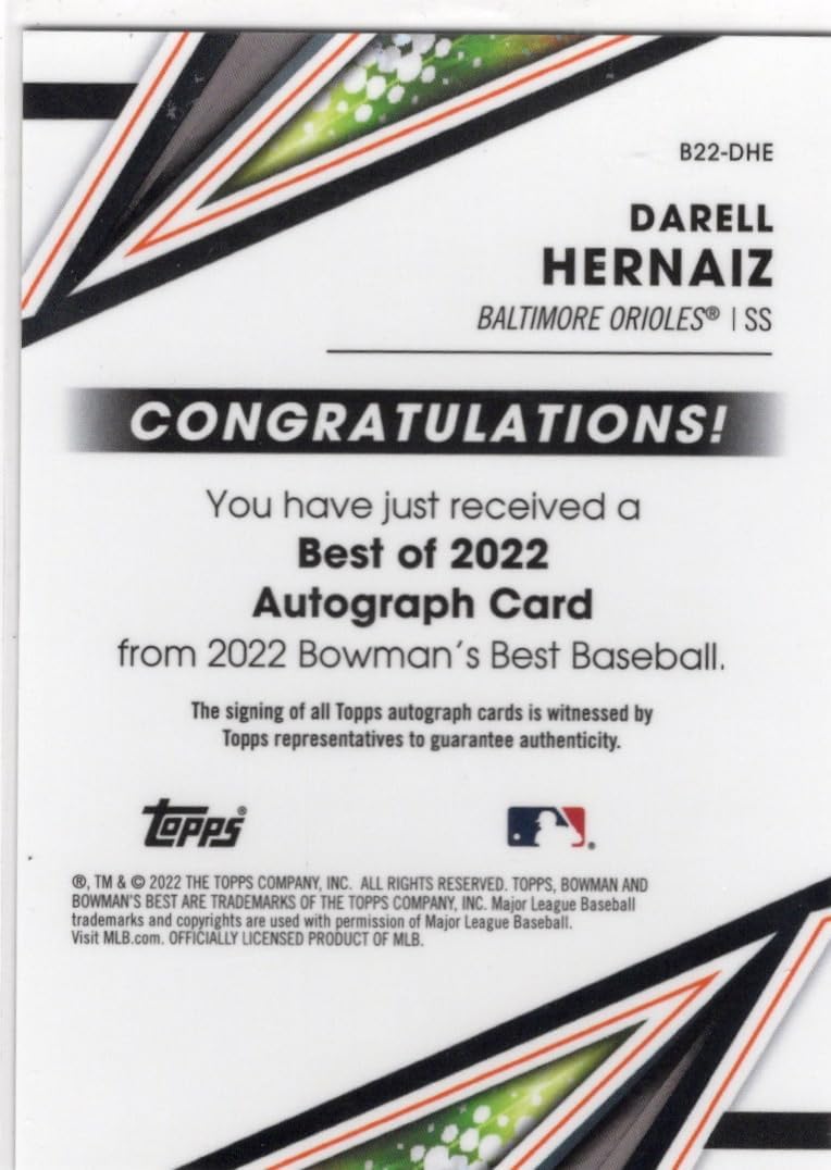Darell Giovan Hernaiz Autographed Collectible Baseball Card - 2022 Topps Bowman's Best Baseball Card #B22-DHE (Orioles)