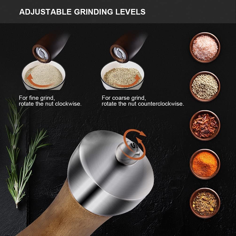 Salt Pepper Grinders Set Wooden - Table Wood Refillable & Adjustable Mill Large Tall Peppermill Long Modern Manual Peppercorn Coarse Shaker with Ceramic Mechanism for Kitchen 8 Inch Knob