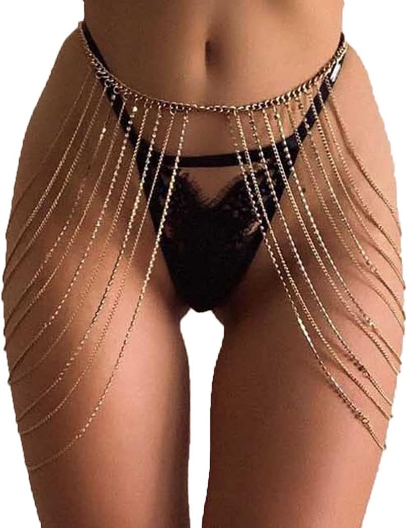 Sexy Multi-Layered Crystal Leg Body Chains Fashion Sparkly Belly Hip Skirts Tassel Waist Chains for Women and Girls (Silver)