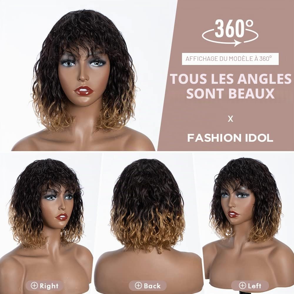 FASHION IDOL Bob Perruque de Cheveux Humains Bouclés pour Femmes Noires 25CM Brésilienne Vierge de Cheveux Humains Courte Perruque Ondulée en Eau Profonde avec Frange 150% Densité (25CM, Or)